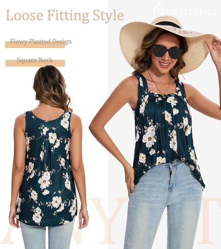 ANYFITTING Tank Top with Built in Bras Women Padded Flowy Loose Camisole Shirt Square Neck Sewn in Medium Support Wide Strap in Saudi Arabia
