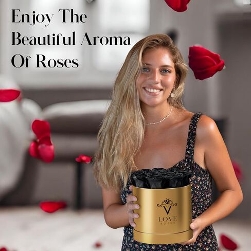 VLove® Forever Roses in a Black Box | Real Roses Forever Flowers Box | Naturally Preserved Flowers | Preserved Rose Box | Eternal Rose That Last A Year | Eternal Rose Gifts For Valentines Day (12 Red) in Saudi Arabia