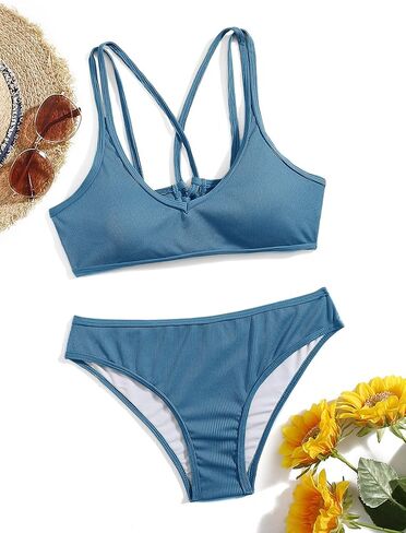 SweatyRocks Women's Bathing Suits Spaghetti Strap Criss Cross Back Bikini Ribbed Swimsuit in Saudi Arabia