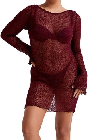 Women's Bikini Cover Up Dress Beach Long Sleeve Backless See Through Crochet Knit Coverup in Saudi Arabia