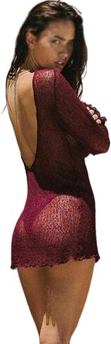 Women's Bikini Cover Up Dress Beach Long Sleeve Backless See Through Crochet Knit Coverup in Saudi Arabia