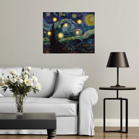 لوحة فنية جدارية مضيئة مع مؤقت تلقائي - عمل فني مطبوع عليه Van Gogh Starry Night مقاس 16 × 20 مع مصابيح LED وأضواء ألياف بصرية متغيرة الألوان من Lavish Home in Kuwait
