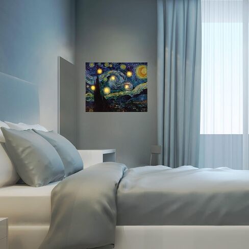 لوحة فنية جدارية مضيئة مع مؤقت تلقائي - عمل فني مطبوع عليه Van Gogh Starry Night مقاس 16 × 20 مع مصابيح LED وأضواء ألياف بصرية متغيرة الألوان من Lavish Home in Kuwait