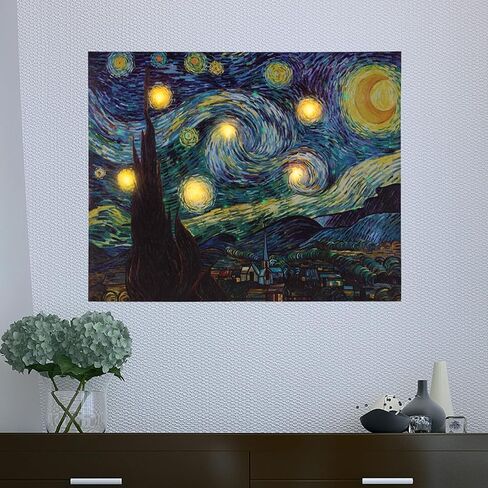 لوحة فنية جدارية مضيئة مع مؤقت تلقائي - عمل فني مطبوع عليه Van Gogh Starry Night مقاس 16 × 20 مع مصابيح LED وأضواء ألياف بصرية متغيرة الألوان من Lavish Home in Kuwait