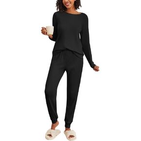 Ekouaer Womens Ribbed Knit Pajama Sets 2 Piece Jogger Pjs Long Sleeve Sleepwear Round Neck Soft Lounge Sets with Pockets
