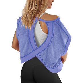 Panadila Womens Open Back Workout Top Oversized Workout T Shirts Backless Athletic Shirt Short Sleeve Baby Tee (Blue Purple,M)