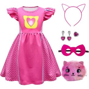 Superhero Costume Ruffled Sleeve Dress, Accessories Set Halloween Christmas Outfits For 4-8Y Little Cutie
