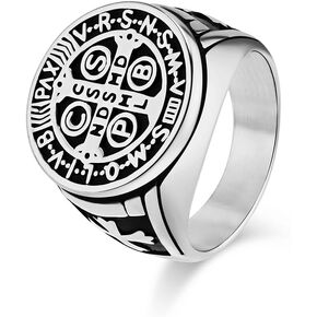 St Benedict Exorcism Ring, Titanium Steel Catholic Ring St Benedict Medal Ring Catholic Roman Cross Protection Jewelry Religious Amulet Rings for Men Big Ring Size 8/9/10/11/12/13