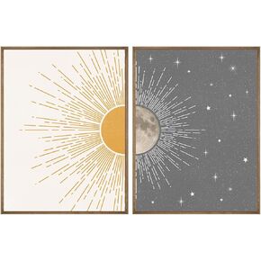 Sun Moon Boho Wall Decor, 2 Set 12x16 inch Celestial Posters, Mid Century Modern Prints for Wall Art, Wall Decor for Bedroom
