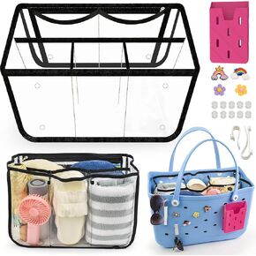 5Pcs Clear Beach Bag Organizer Accessories Set for Bogg Bag X Large, Waterproof Divider Insert Suitable for Bogg Bag, with Silicone Phone Holder & Charms, Organizing Your Bag and Divide Space (Black)