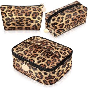 3 Pieces Leopard Print Cosmetic Bag Set Cheetah Toiletry Travel Makeup Bag Portable Makeup Pouch Brush Organizer Purse Handbag for Women