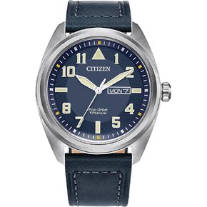 Citizen Men's Eco-Drive Weekender Garrison, Silver-Tone Stainless Steel Watch, Blue Leather Strap, 3 Hand, Day/Date (Model: BM8568-01L)