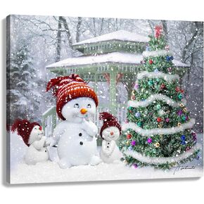 Christmas Snowman Canvas Wall Art, Holiday Winter Snow Scene Xmas Tree Pictures with Shiny Accessories for New Year Kids Room 15 x 12 inch