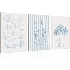 Blue Coastal Bikini Shells Canvas Wall Art Trendy Swimsuit Beach Aesthetics Painting Picture Wall Decor Preppy Coastal Print Artwork for Hallway Bedroom And Living Home Decoration