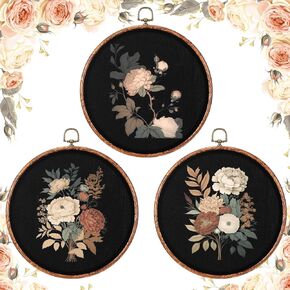 Cinnvoice 3 Set Flower Boho Wall Art Mid Century Modern Decor Vintage Floral Wall Art Rustic Textile Wall Decor Round Canvas Framed Artwork Print Dark Botanical Landscape Wall Art for Home wedding 10"