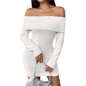 MakeMeChic Women's Off Shoulder Mini Sweater Dress Rib Knit Long Sleeve Bodycon Party Club Short Dresses