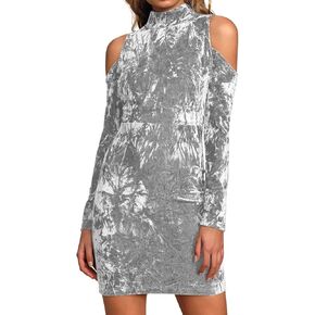 R.Vivimos Women's Winter Crushed Velvet Long Sleeves Cold Shoulder High Neck Bodycon Mini Dress