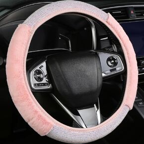 SuperKaKa Pink Furry Steering Wheel Cover, Soft Comfort fluffy Cute PU Auto Wheelcovers with Bling Rhinestones, Warm Car Interior Accessories Protector Fit Most Vehicle for Women(Pink)