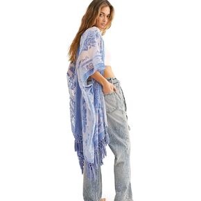 WeHello Women's Burnout Velvet Kimono Long Cardigan Cover Up with Tassel (Blue)