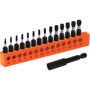HORUSDY 15-Piece Impact Rated Security Torx Bit Set, S2 Alloy Steel, 1/4"Magnetic Extension, T5 - T40 Tamper Resistant Star Bits