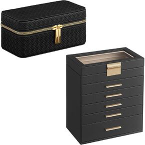 SONGMICS Jewelry Box with Glass Lid Bundle with 3 Watch Travel Case, Jewelry Storage, Woven Embossed PU Leather, Gift Idea, Graphite Black and Ink Black UJBC171B01 and UJWB017B01