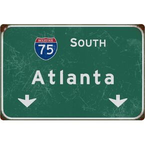 Tin Sign Retro South Atlanta Interstate 75 Direction Sign Street Sign Airport Highway Iron Sheet Sign Bar Club Restaurant Wall Decoration 18x12 Inch Gift