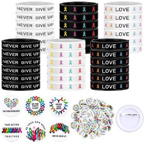 72 Pcs Cancer Awareness Accessories Include 36 All Cancer Ribbon Silicone Bracelet Wristband and 36 Button Badges Pins, Cancer Awareness Bracelets for Gift Hat Backpack Decoration