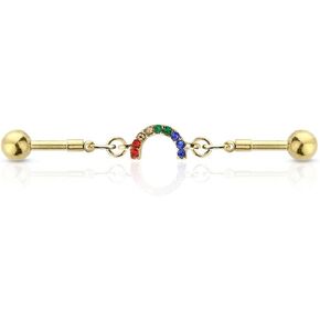 Pierced Owl - 14GA Multicolored Rainbow Gem Chain Link 316L Surgical Stainless Steel Industrial Cartilage Barbell
