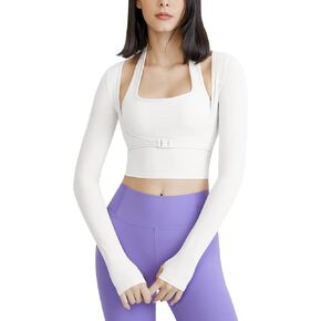Gihuo Long Sleeve Crop Top Workout Women Athletic Yoga Running Cropped Tops Slim Fit Sport Gym Shirts
