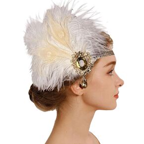 1920s Headband Themed Hair Band, Roaring 20s Great Gatsby Hair Accessories, White Feather Flapper Headpiece for Women,