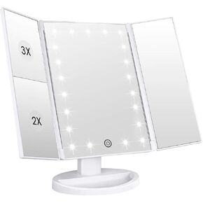 WEILY Makeup Vanity Mirror with 21 LED Lights and Touch Screen, Tri-Fold 1x 2X 3X Magnification,180° Adjustable Rotation and USB Powered,Countertop Cosmetic Mirror (White)