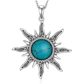 Genuine Turquoise Necklace 925 Sterling Silver Turquoise Sun Necklace Vintage Western Nature Gemstone Turquoise Jewelry for Women