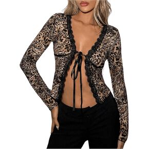 Women's Leopard Print Deep V Neck T-Shirt Y2K Bow Tie Open Front Shirt Cheetah Long Sleeve Lace Sexy Fitted Crop Top