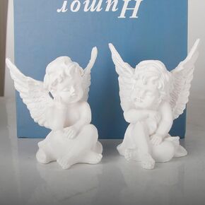 Set of 2 Cherub Angels Statue Figurine - 4 inches high, Sleeping Sculpture for Home, Living Room, Office Decoration, Memorial, White Cherub