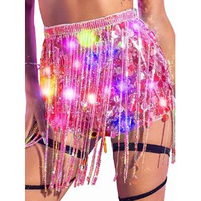 EVILD Women’s Light up Sequin Mini Shorts Pink Sparkly Fringe Skirts Led Glow Rave Disco Dance Bottoms