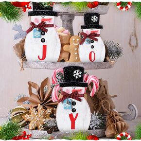 4 Pcs Christmas Snowman Table Decorations Centerpieces Joy Snowman Wooden Sign with Bells Plaid Scarf Snowflake Tag Winter Holiday Tiered Tray Decor for Home Mantle Shelf Kitchen (Snow)