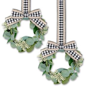 Syhood 2 Pieces 9" Mini Eucalyptus Wreath Artificial Spring Summer Greenery Wreath for Front Door Farmhouse Kitchen Cabinet Wreaths with Ribbon for Porch Wall Window Decor(Plaid Bow Style)