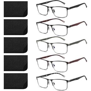 5 pack Business Style Reading Glasses Men Blue Light Blocking, Metal Frame Spring Hinge Durable Readers Men Women
