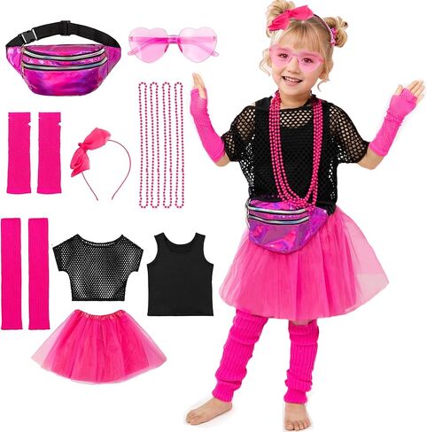 Fairycece Girls 80s Costume 4T-10 Halloween 80 Theme Party Outfit Accessories Set in Kuwait