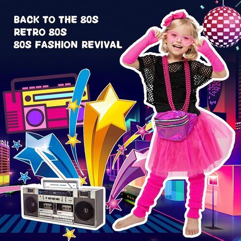 Fairycece Girls 80s Costume 4T-10 Halloween 80 Theme Party Outfit Accessories Set in Kuwait