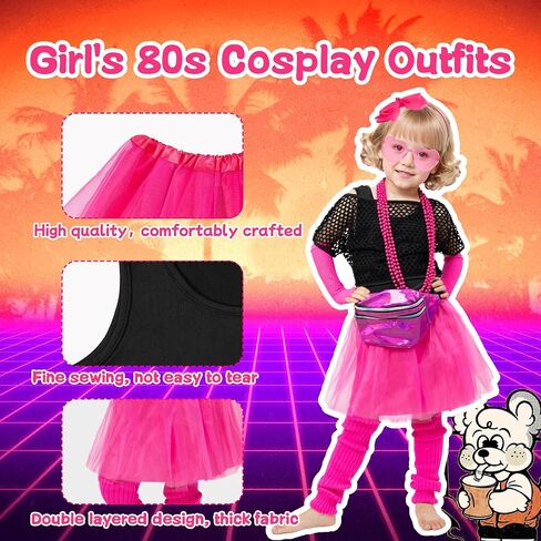 Fairycece Girls 80s Costume 4T-10 Halloween 80 Theme Party Outfit Accessories Set in Kuwait