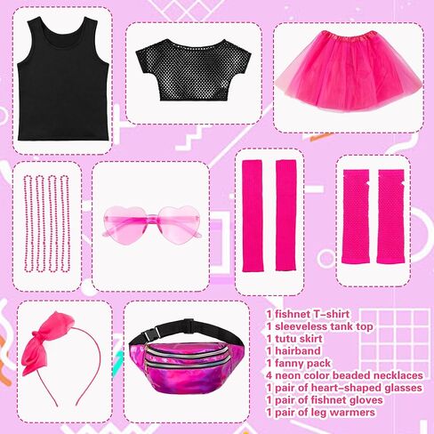 Fairycece Girls 80s Costume 4T-10 Halloween 80 Theme Party Outfit Accessories Set in Kuwait