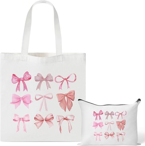 Y1tvei Pink Bows Canvas Bag - 2Pcs Coquette Pink Bow Preppy Makeup Bag Set, Cute Aesthetic Pink Bow Canvas Tote Bag, Reusable Grocery Folding Shopping Bag, Coquette Stuff Zipper Pouch Gifts for Women in Saudi Arabia