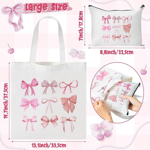 Y1tvei Pink Bows Canvas Bag - 2Pcs Coquette Pink Bow Preppy Makeup Bag Set, Cute Aesthetic Pink Bow Canvas Tote Bag, Reusable Grocery Folding Shopping Bag, Coquette Stuff Zipper Pouch Gifts for Women in Saudi Arabia