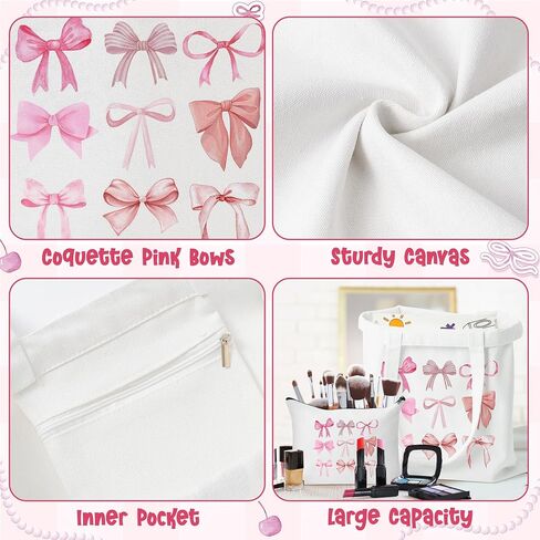 Y1tvei Pink Bows Canvas Bag - 2Pcs Coquette Pink Bow Preppy Makeup Bag Set, Cute Aesthetic Pink Bow Canvas Tote Bag, Reusable Grocery Folding Shopping Bag, Coquette Stuff Zipper Pouch Gifts for Women in Saudi Arabia