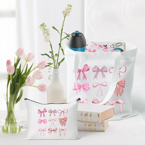 Y1tvei Pink Bows Canvas Bag - 2Pcs Coquette Pink Bow Preppy Makeup Bag Set, Cute Aesthetic Pink Bow Canvas Tote Bag, Reusable Grocery Folding Shopping Bag, Coquette Stuff Zipper Pouch Gifts for Women in Saudi Arabia