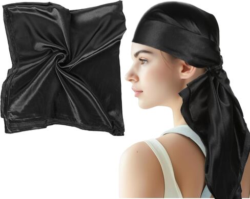 Mozeat Lens Silk Bandana, 35" Large Square Black Silk Scarf Satin Head Scarf, Hair Scarf for Women, Silk Hair Wrap for Sleeping Stylish Hair Accessories for Hair Wrapping at Night in Saudi Arabia