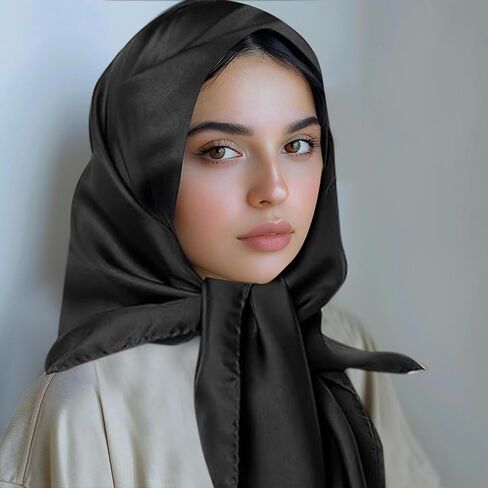 Mozeat Lens Silk Bandana, 35" Large Square Black Silk Scarf Satin Head Scarf, Hair Scarf for Women, Silk Hair Wrap for Sleeping Stylish Hair Accessories for Hair Wrapping at Night in Saudi Arabia