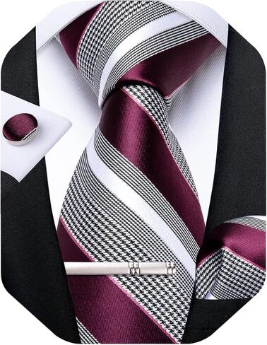 DiBanGu Mens Striped Tie Silk Woven Necktie and Pocket Square Cufflinks Tie Clip Set Wedding Business Formal Gift Tie for Men in Kuwait