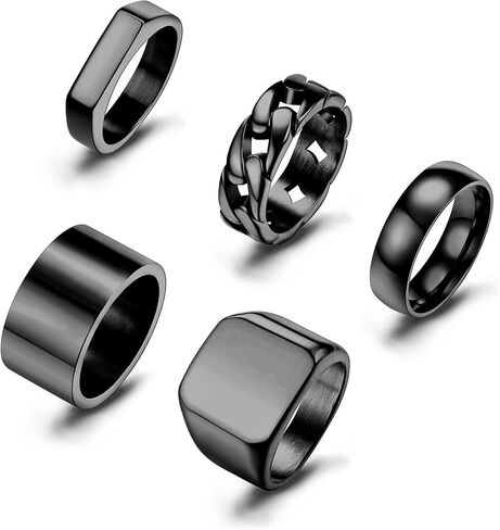 Sanfenly 5PCS 14K Gold Rings for Men Mens Gold Ring Mens Stainless Steel Rings Square Signet Rings Pinky Thumb Ring Chunky Thick Band Cuban Link Chain Ring Cool Finger Ring Wedding Band Ring for Men（Size 7-15） in Saudi Arabia